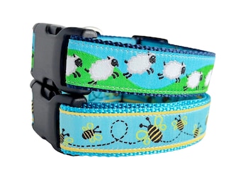 Counting sheep adjustable dog collar or Cute Bee washable summer dog collar / Webbing dog collars / Jumping Sheep / Busy Bees
