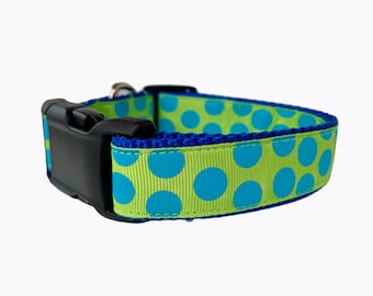 Fun Bright Green with Blue Polka Dots Dog Collar / Blue and Green Dog Collar