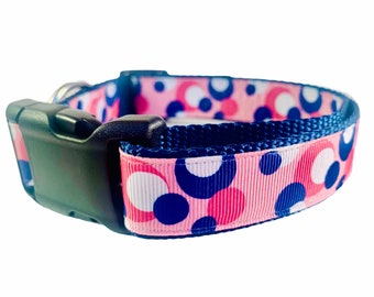 Stylish Pink Dog Collar with fun Navy and White Polka Dots / Washable, adjustable nylon blue dog collar