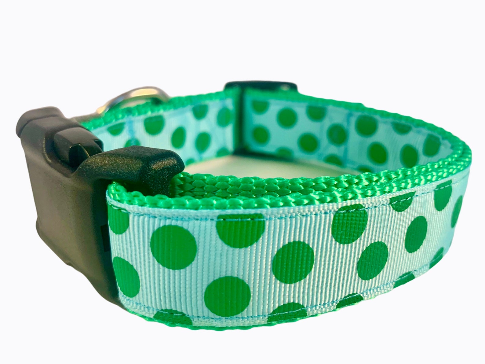 Light Blue Dog Collar with Green Polka Dots quick release Etsy