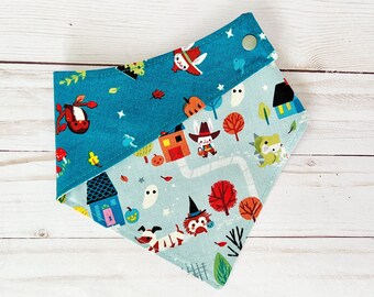 Trick or Treat Halloween Dog Bandana, Reversible Snap on Dog Bandana, Teal Pet Bandana,  Halloween Ghosts Witches Pumpkins Stars