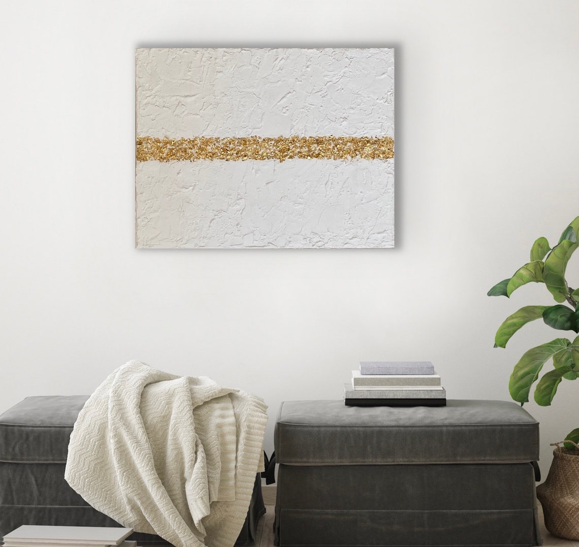White and Gold Textured Abstract Canvas Painting Etsy