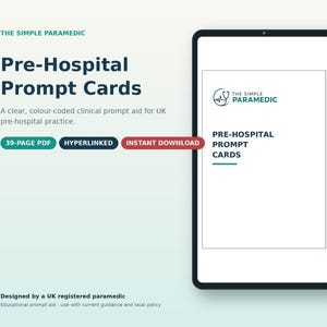 May include: A digital tablet displaying a 39-page PDF titled The Simple Paramedic Pre-Hospital Prompt Cards. The screen shows a colour-coded clinical prompt aid with a stethoscope logo, hyperlinked text, and an instant download indicator for medical practice.
