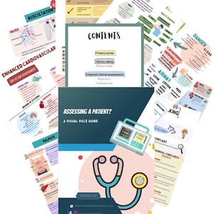 May include: A visual guide for assessing patients, featuring colorful illustrations of medical equipment, anatomical diagrams, and checklists. The guide includes sections on primary survey, history taking, medical model, respiratory assessments, and cardiovascular assessments. The title of the guide is "Assessing a Patient? A Visual OSCE Guide".