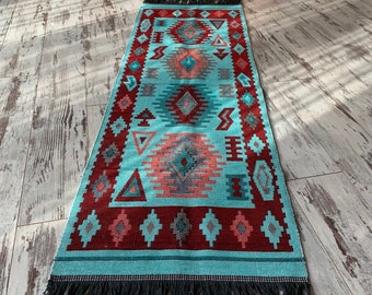 Boho Runner Teppich, Läufer Teppich blau, Boho Schlafzimmer Teppich, arabischer Teppich, marokkanische Teppich, Bereich Teppich blau, türkischen Kelim Teppich, 24 x 70 INC 60x180 CM