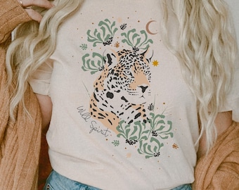 Leopard Wild Spirit T Shirt,Boho T shirt, Leopard T Shirt, Trendy Cute Graphic T Shirt, Cute T shirts for women, T shirts with sayings
