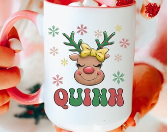 Custom Christmas Mug for Kids, Reindeer Christmas Mug for Kids, Hot Chocolate Mug for Kids with Name, Personalized Kids Christmas Mugs