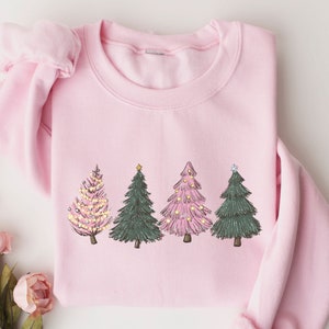 Pink Christmas Tree Sweatshirt, Christmas Trees Sweatshirt, Pink Christmas Sweatshirt, Plus size Christmas shirts, Christmas tree shirt