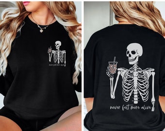 Skeleton Iced Coffee Sweatshirt, Staying Alive Shirt, Trendy Coffee Shirt, Funny Skeleton T-Shirt, Coffee Lovers Gift, trendy halloween 2023