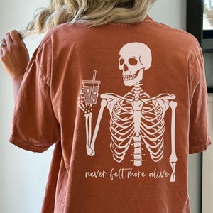 Skeleton Comfort Colors shirt, Skeleton Coffee Shirt, Trendy Halloween 2024, Shirts, Skeleton Halloween Shirts, Plus sized Halloween