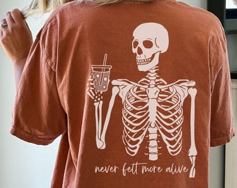 Skeleton Comfort Colors shirt, Skeleton Coffee Shirt, Trendy Halloween 2024, Shirts, Skeleton Halloween Shirts, Plus sized Halloween