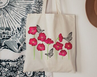 Botanical Tote Bag, Floral Tote Bag, flower Tote bag, Cute Tote Bag, Butterfly tote bag, Poppy flowers Trendy tote bags, Tote Bag Aesthetic
