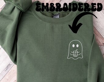 Embroidered Ghost Sweatshirt, iced coffee ghost embroidery, Little Ghost Halloween Sweatshirt, Ghost sweatshirt pocket design, Fall Ghost