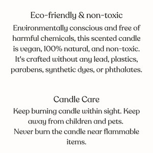 Puede incluir: Texto sobre fondo blanco que describe una vela perfumada ecol&oacute;gica y no t&oacute;xica. La vela es vegana, 100% natural y libre de plomo, pl&aacute;sticos, parabenos, colorantes sint&eacute;ticos y ftalatos. El texto tambi&eacute;n incluye instrucciones de cuidado de la vela, aconsejando mantener la vela a la vista, fuera del alcance de los ni&ntilde;os y las mascotas, y nunca quemarla cerca de art&iacute;culos inflamables.