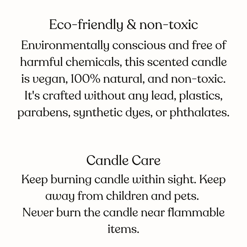 Puede incluir: Texto sobre fondo blanco que describe una vela perfumada ecol&oacute;gica y no t&oacute;xica. La vela es vegana, 100% natural y libre de plomo, pl&aacute;sticos, parabenos, colorantes sint&eacute;ticos y ftalatos. El texto tambi&eacute;n incluye instrucciones de cuidado de la vela, aconsejando mantener la vela a la vista, fuera del alcance de los ni&ntilde;os y las mascotas, y nunca quemarla cerca de art&iacute;culos inflamables.