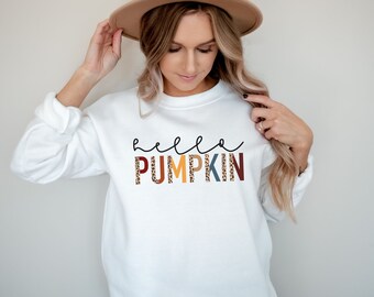 Hello Pumpkin fall sweatshirt, cute fall sweaters, Teacher Sweatshirt, fall teacher sweaters, fall sweatshirts, leopard print fall shirts