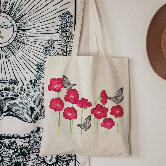 Botanical Tote Bag, Floral Tote Bag, flower Tote bag, Cute Tote Bag, Butterfly tote bag, Poppy flowers Trendy tote bags, Tote Bag Aesthetic