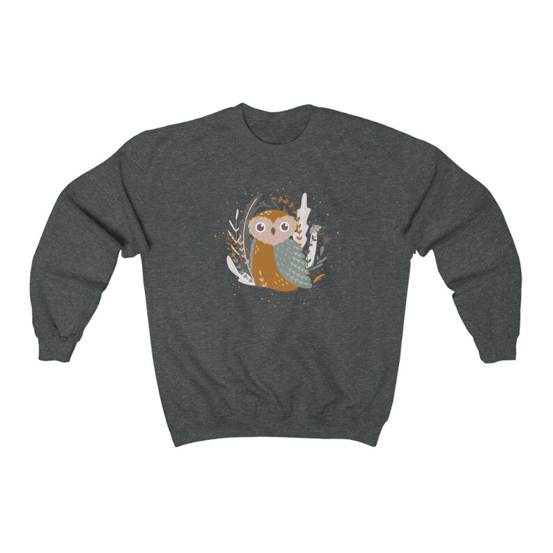 May include: A dark gray sweatshirt with a cartoon owl in a forest setting. The owl is brown and gray with a white belly and large eyes. The forest is depicted with brown branches and green leaves.