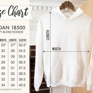 May include: Size chart for Gildan 18500 heavy blend hoodies. The chart shows measurements in inches for width, length, and sleeve length for sizes S through 5XL.