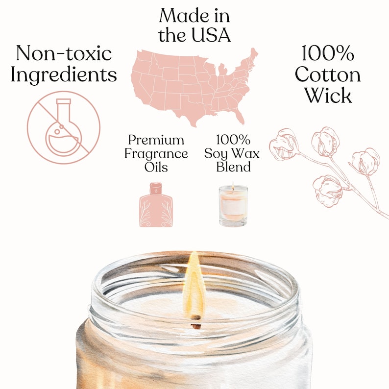 May include: A close-up of a lit candle in a glass jar. The candle is made with 100% soy wax and has a cotton wick. The candle is surrounded by text that says "Non-toxic Ingredients", "Made in the USA", "Premium Fragrance Oils", "100% Soy Wax Blend", and "100% Cotton Wick".
