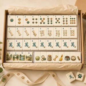Può includere: Un set da mahjong Pet Paradise in una scatola di cartone con tessere color crema decorate con impronte di zampe, ossa e illustrazioni a tema animali. Il set include un foglio di istruzioni, una confezione regalo e tessere singole.