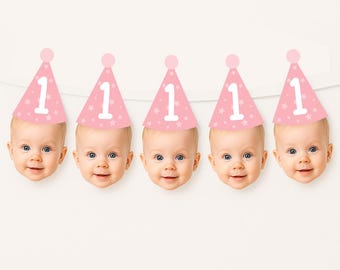 Customized 1st Baby Face Birthday Hat Banner/Custom Photo Banner /Kid Face Banner Printable/ Fun birthday party for baby decorations garland
