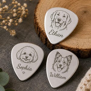 May include: Three silver guitar picks with engraved dog portraits and names: Ethan, Sophia, and William. The picks are arranged on a wooden slice and a dark gray surface, with a sprig of dried flowers.
