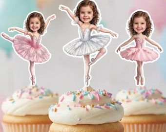 Ballerina custom Cupcake Toppers, Two two kid Face Cupcake Toppers, girl ballerina Party cupcake Decor