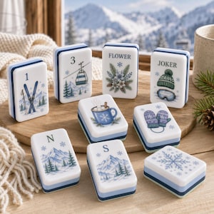 Winter Wonderland Mahjong Set, Custom Ski Resort Tiles with Snowflakes, Skiers, Gift For Mahjong Enthusiasts, Housewarming Present