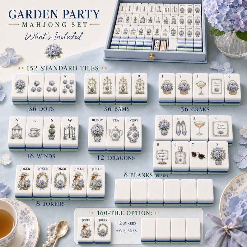 Puede incluir: Un juego de Mahjong Garden Party que incluye 152 fichas est&aacute;ndar con ilustraciones de flores y jardines, incluyendo puntos, bams, craks, vientos, dragones y comodines. El set incluye una caja de almacenamiento azul, dados y seis fichas en blanco.