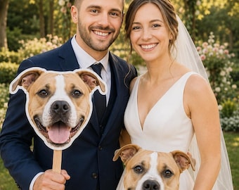 Faccia di animale domestico personalizzata su bastoncino / Faccia di cane come accessorio per foto di matrimonio / Cartello da sposi da tenere in mano / Decorazione divertente per matrimonio / Ritratto di animale domestico