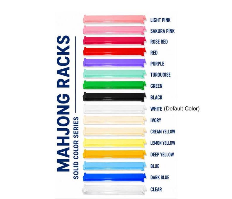 K&ouml;nnte beinhalten: Eine Sammlung von Mahjong-Racks aus der Solid Color Serie, dargestellt in einer vertikalen Liste. Die Farben umfassen Hellrosa, Sakurarosa, Rosenrot, Rot, Lila, T&uuml;rkis, Gr&uuml;n, Schwarz, Wei&szlig;, Elfenbein, Cremegelb, Zitronengelb, Dunkelgelb, Blau, Dunkelblau und Transparent.