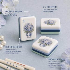 Puede incluir: Tres fichas de mahjong rectangulares de acr&iacute;lico con un dise&ntilde;o floral de hortensias en azul y blanco. Las fichas tienen bordes redondeados, un acabado brillante y el n&uacute;mero uno impreso en una de ellas. Etiquetas de texto resaltan el acr&iacute;lico.