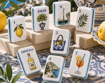 Amalfi Lemon Resort Mahjong-Set, amerikanische Spielsteine mit Zitrone, Zitronen- und Oliven-Mahjong, elegantes Küsten-Design, Limoncello-Cocktail-Segelboot