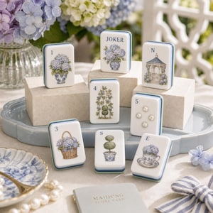 Hydrangea Garden American Mahjong Set, English Cottage Style Tiles with Blue Florals, Blue Hydrangea, Bridal Shower, Vintage Tea Party Game