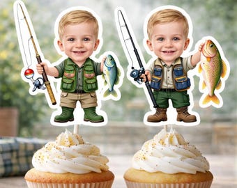 Fishing Boy Cupcake Toppers – Adorable Cartoon Angler Cake Picks with Fishing Rod & Fish, Little Fisherman, Outdoor Themed Party Decor