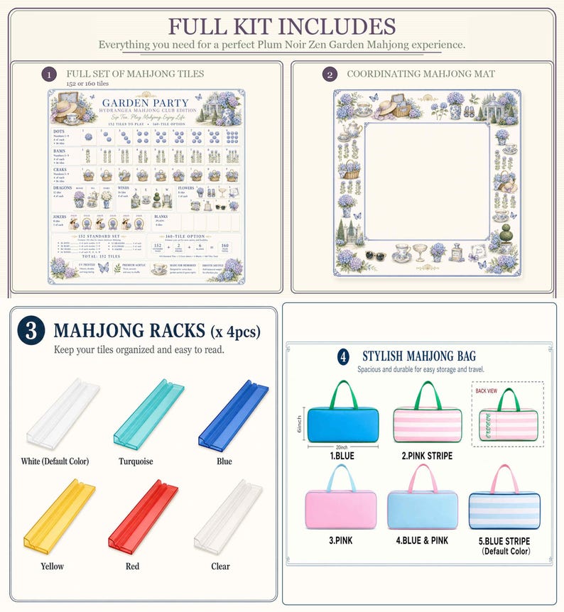 Puede incluir: Un kit de mahjong Plum Noir Zen Garden que incluye un juego de fichas, un tapete con estampado floral, cuatro soportes de acr&iacute;lico de varios colores y una bolsa de transporte rectangular. La bolsa muestra unas medidas de 15,24 cm por 50,8 cm.