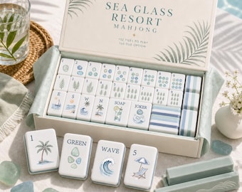 Set di Mahjong personalizzato a tema spiaggia costiera, gioco di Mahjong americano con tessere stampate a raggi UV, tessere a tema vacanza nautica, divertimento estivo a bordo piscina.