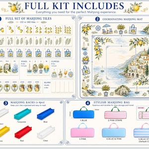 May include: A full Mahjong kit featuring 152 or 160 tiles with lemon and coastal motifs, a coordinating play mat with Mediterranean scenery, four tile racks in various colors, and a carrying bag shown in five different color options.