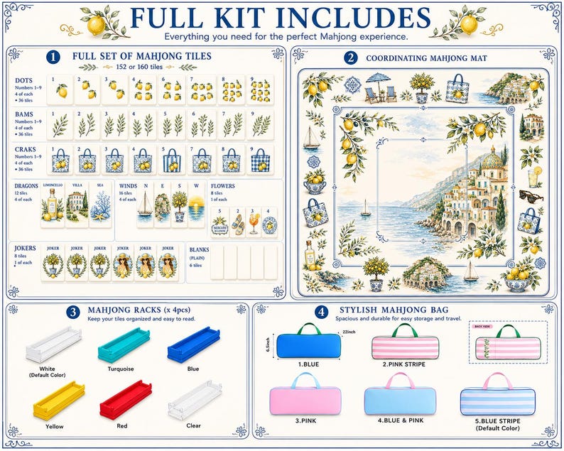 May include: A full Mahjong kit featuring 152 or 160 tiles with lemon and coastal motifs, a coordinating play mat with Mediterranean scenery, four tile racks in various colors, and a carrying bag shown in five different color options.