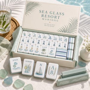 May include: A Sea Glass Resort Mahjong game set in a cream-colored box with palm leaf illustrations. The set includes white tiles featuring blue numbers, Chinese characters, and coastal icons like sailboats and flowers, plus blue tile racks.
