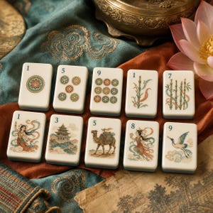 May include: A set of ten rectangular mahjong tiles with off-white surfaces, each featuring unique illustrations including lotus flowers, bamboo stalks, a pagoda, a camel, figures in flowing robes, and a crane, all marked with small blue numbers.