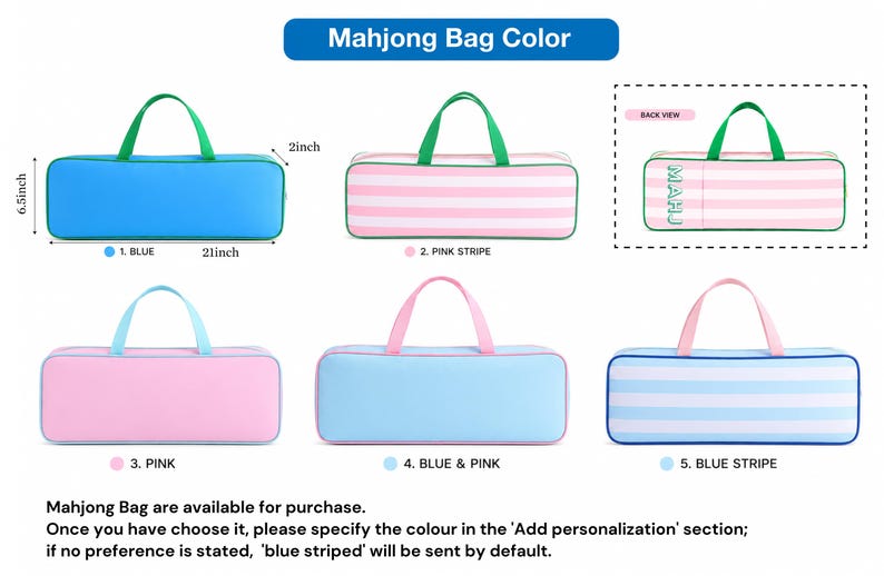 K&ouml;nnte beinhalten: Eine Sammlung rechteckiger Mahjong-Taschen mit Griffen in verschiedenen Farben und Mustern, darunter einfarbiges Blau, rosa Streifen, einfarbiges Rosa, Blau und Rosa sowie blaue Streifen. Die Ma&szlig;e betragen 53,34 cm L&auml;nge, 16,51 cm H&ouml;he und 5,08 cm Tiefe.