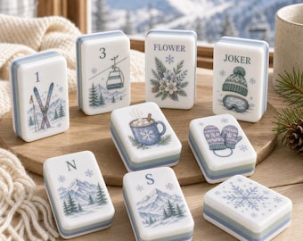 Winter Wonderland Mahjong Set, Benutzerdefinierte Schwimmbad mit Schneeflocken, Skifahrer, Geschenk für Mahjong Enthusiasten, Einweihungsgeschenk