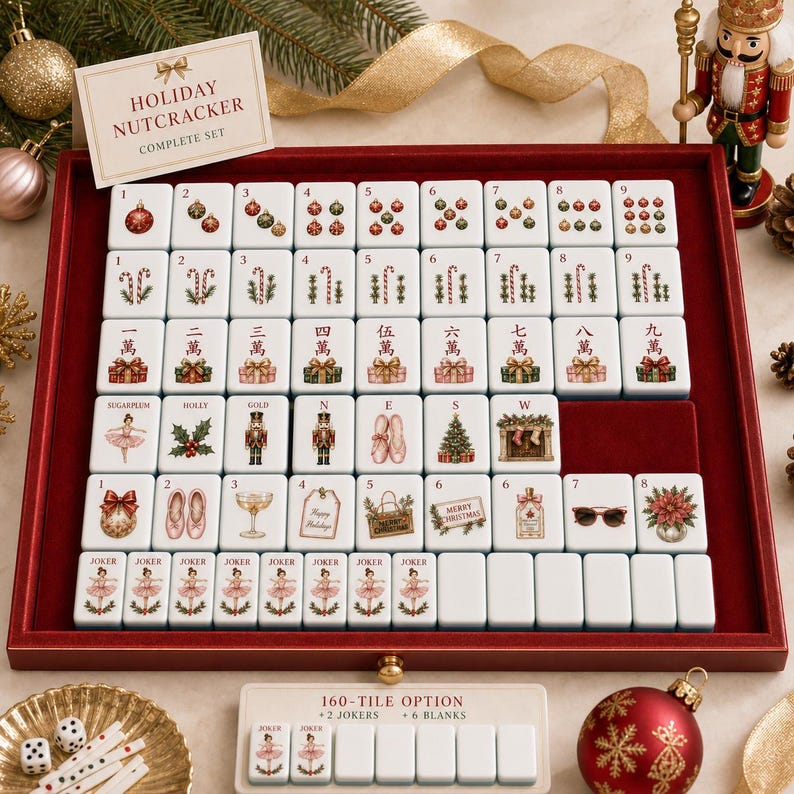 K&ouml;nnte beinhalten: Ein vollst&auml;ndiges Set wei&szlig;er Mahjong-Spielsteine mit weihnachtlichen Illustrationen wie Christbaumkugeln, Zuckerstangen, Nussknackern und Ballettschuhen. Die Spielsteine sind in einem mit rotem Samt ausgekleideten Tablett angeordnet.