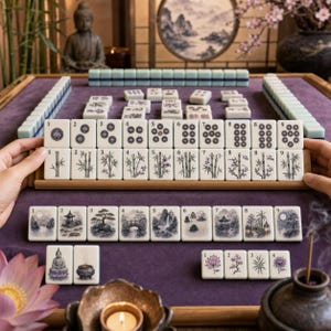 Puede incluir: Un juego de Mahjong con fichas blancas que presentan ilustraciones en tinta negra y color de bambú, motivos florales y paisajes. Las fichas están dispuestas sobre una superficie de fieltro morado con soportes de madera numerados.