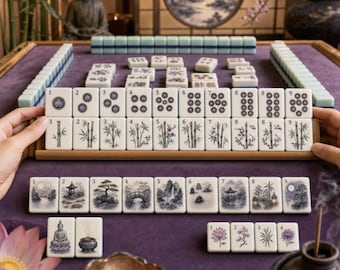 May include: A Mahjong set featuring white tiles with black and colored ink illustrations of bamboo, flowers, landscapes, and numbered symbols. The set includes a wooden rack, a purple felt surface, and tiles depicting a Buddha and incense burner.