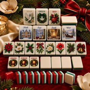 May include: A set of rectangular mahjong tiles featuring Christmas-themed illustrations including a dove, wreaths, poinsettias, and winter scenes. The tiles are labeled with text such as SOAP, GREEN, RED, NORTH, EAST, SOUTH, WEST, and JOKER.