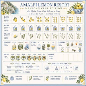 May include: A Mahjong game set titled Amalfi Lemon Resort Mahjong Club Edition. The board displays 152 tiles with lemon, coastal, and botanical illustrations, including dots, bams, craks, dragons, winds, flowers, and jokers, plus a 160-tile option.