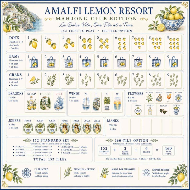 May include: A Mahjong game set titled Amalfi Lemon Resort Mahjong Club Edition. The board displays 152 tiles with lemon, coastal, and botanical illustrations, including dots, bams, craks, dragons, winds, flowers, and jokers, plus a 160-tile option.